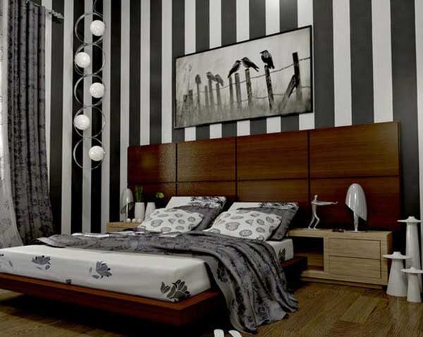 Черно-белые полосы на стене в спальне
